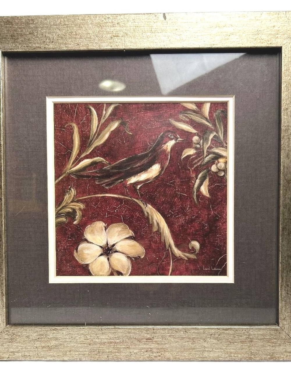 Trio of framed wall hanging of song birds by artist Laurel Lehman